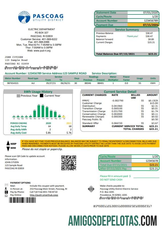 Em branco modelo de conta de serviços públicos do distrito de serviços públicos de Rhode Island Pascoag nos EUA em formato Word e PDF